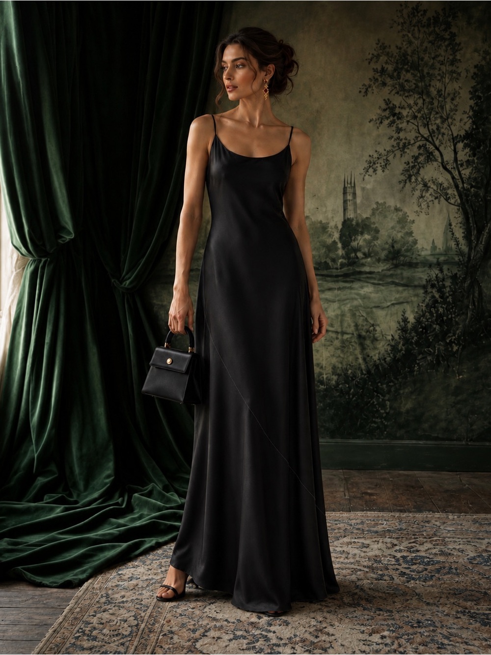 AYR Ten Outta Ten Black Silk Satin Maxi Slip Dress Medium Raw Hem